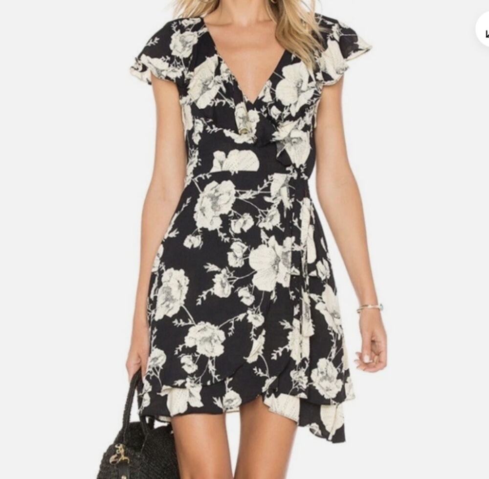 Free People French Quarter Wrap Mini Dress Black Floral S